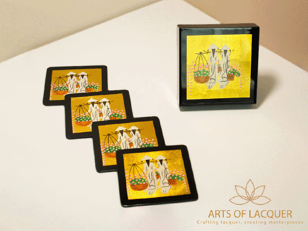 Gold Floral Harvest Ao Dai Lacquer Coaster Set