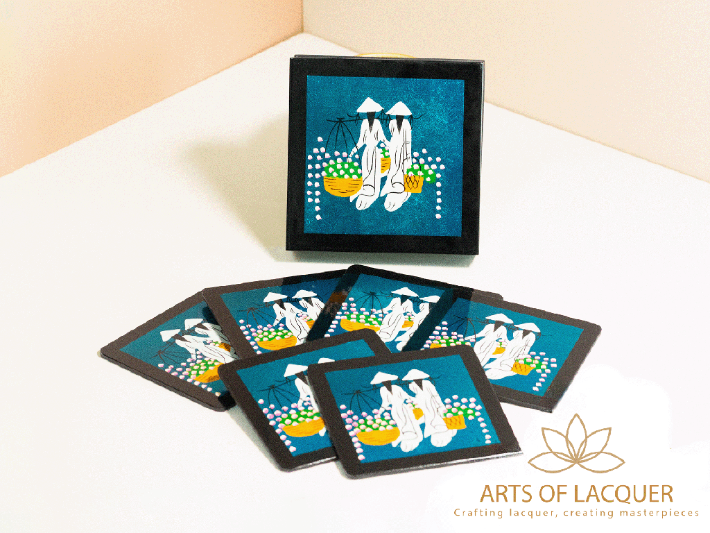 Blue Floral Harvest Ao Dai Lacquer Coaster Set