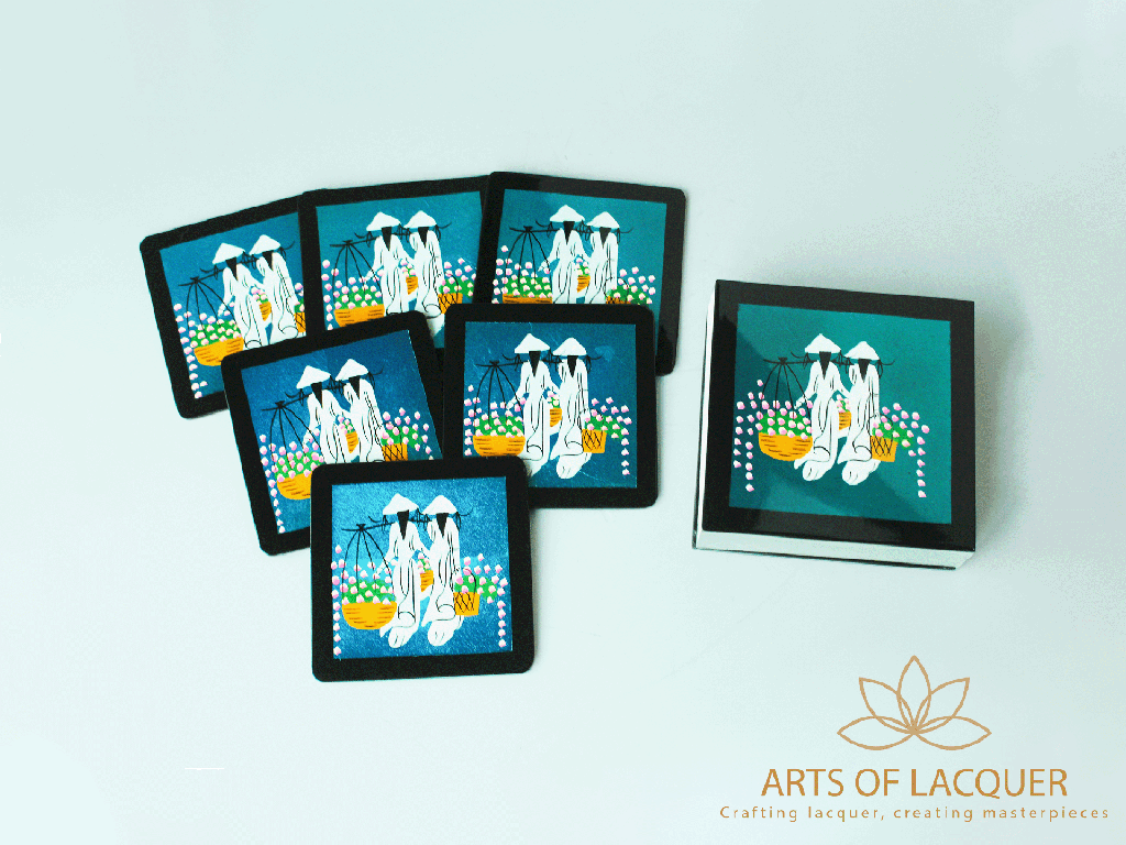 Blue Floral Harvest Ao Dai Lacquer Coaster Set