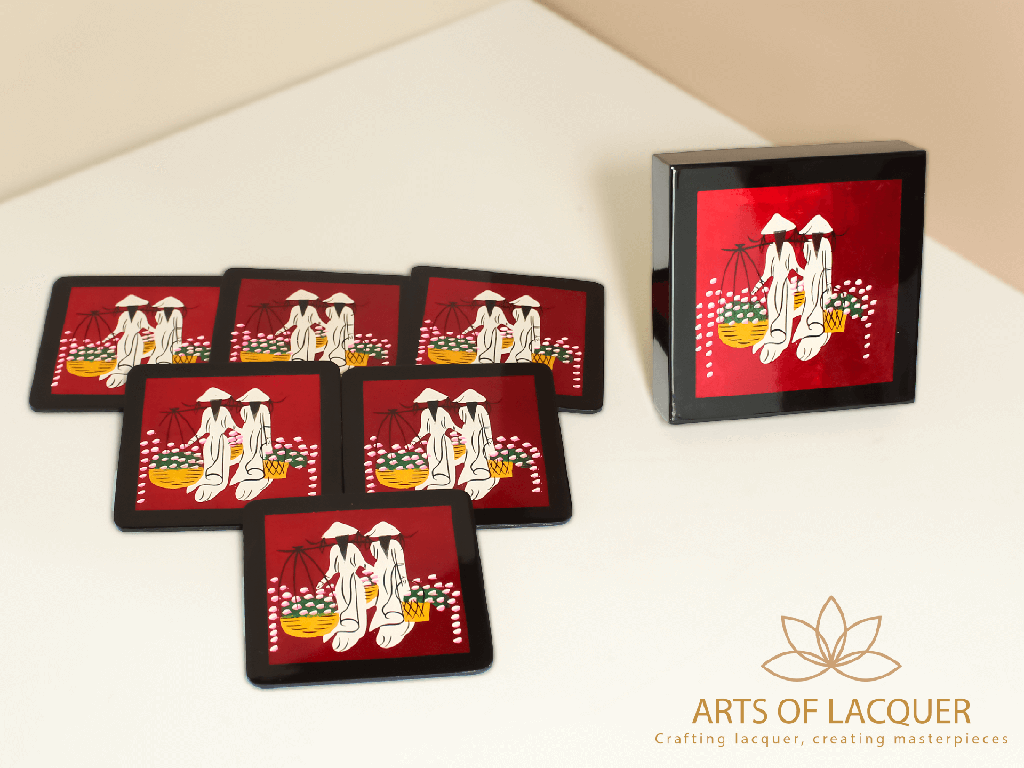 Red Floral Harvest Ao Dai Lacquer Coaster Set 