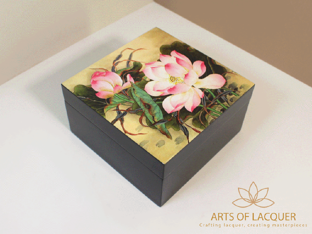 Lotus Harmony Lacquered Jewelry Box Antique