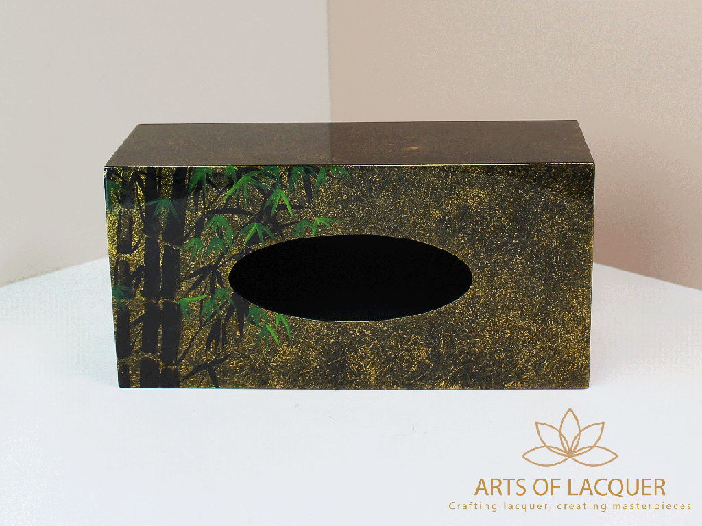 Black Bamboo Leaf Elegance Lacquered Tissue Box 