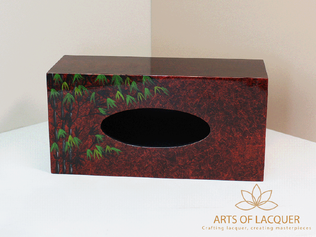 Crimson Bamboo Leaf Elegance Lacquered Tissue Box