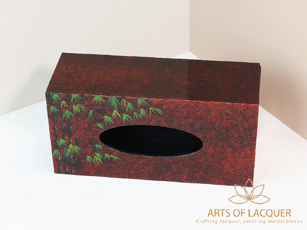 Crimson Bamboo Leaf Elegance Lacquered Tissue Box