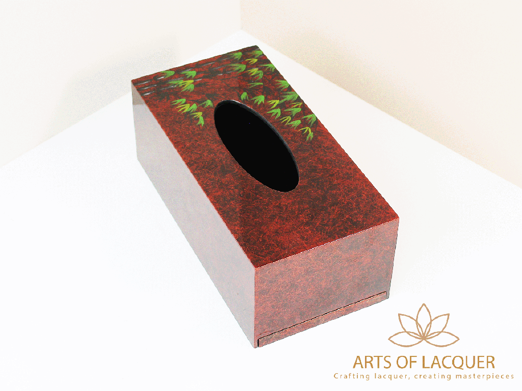 Crimson Bamboo Leaf Elegance Lacquered Tissue Box