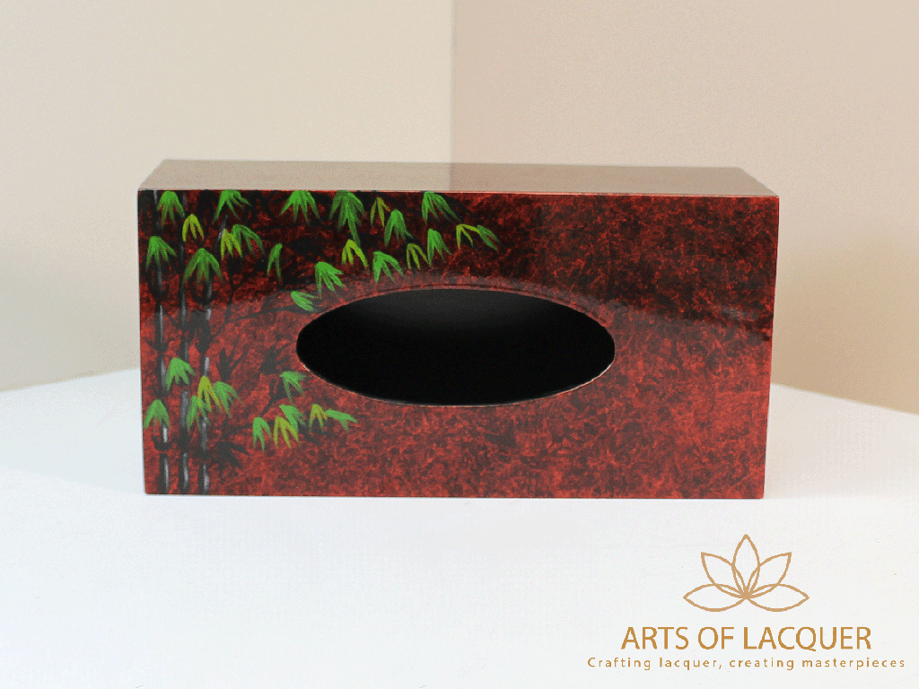 Crimson Bamboo Leaf Elegance Lacquered Tissue Box