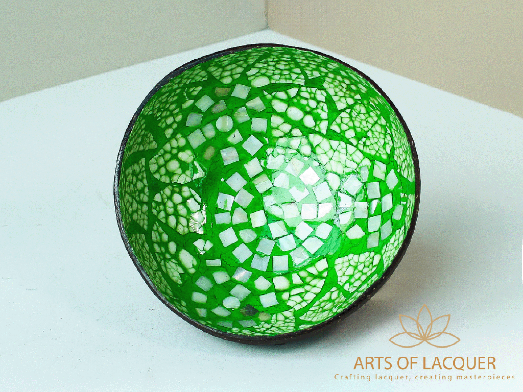 Eggshell Coconut Lacquer Bowl in Green Mosaic Inlay