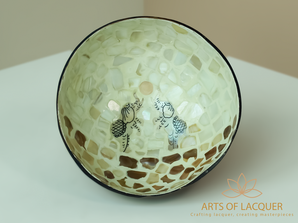 Lacquered Coconut Bowl in Elephants Inlay