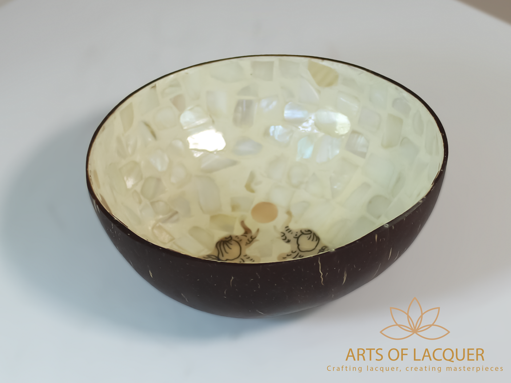 Lacquered Coconut Bowl in Elephants Inlay