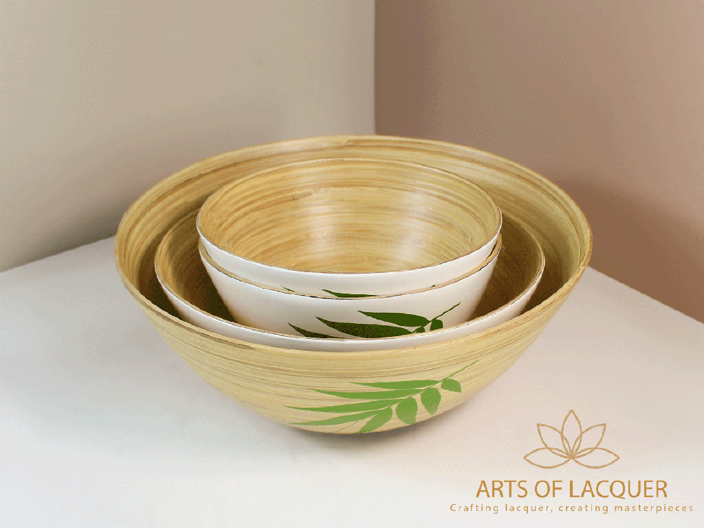 Bamboo Lacquer Bowl Set - Minimalist Green Leaf Design