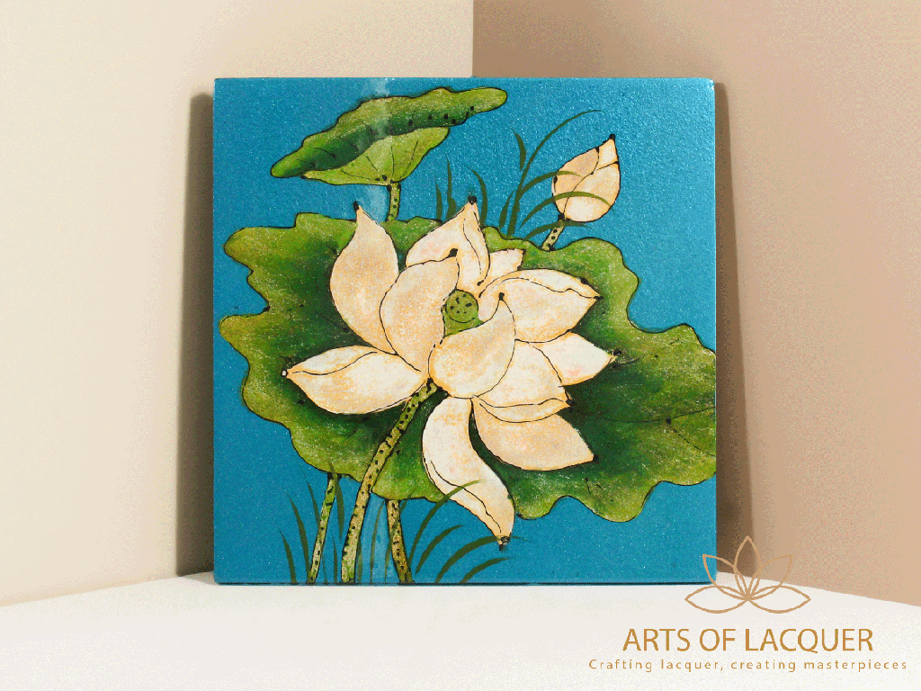 Blue Lotus Flower Lacquer Painting 