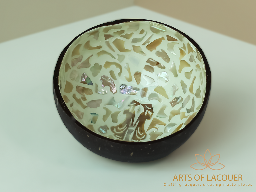 Lacquered Coconut Shell Bowl In Intricate Two Girls Inlay