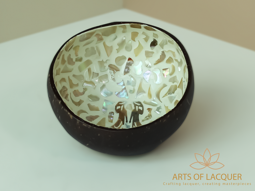 Lacquered Coconut Shell Bowl In Intricate Two Girls Inlay