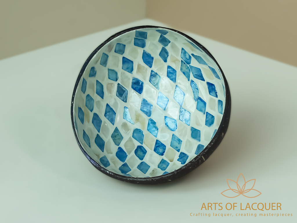 Lacquered Coconut Bowl In Blue Diamond Inlay