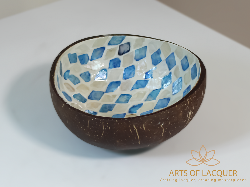 Lacquered Coconut Bowl In Blue Diamond Inlay