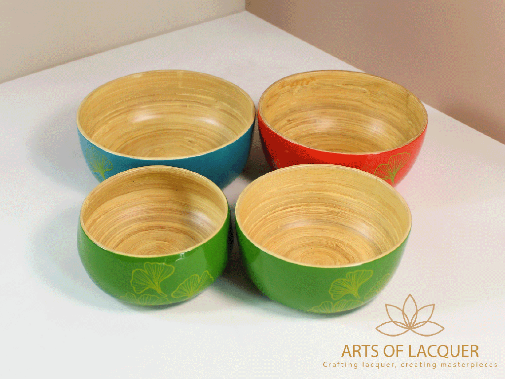 Handcrafted Bamboo Lacquer Multi-colour Ginkgo Leaf Bowl Set