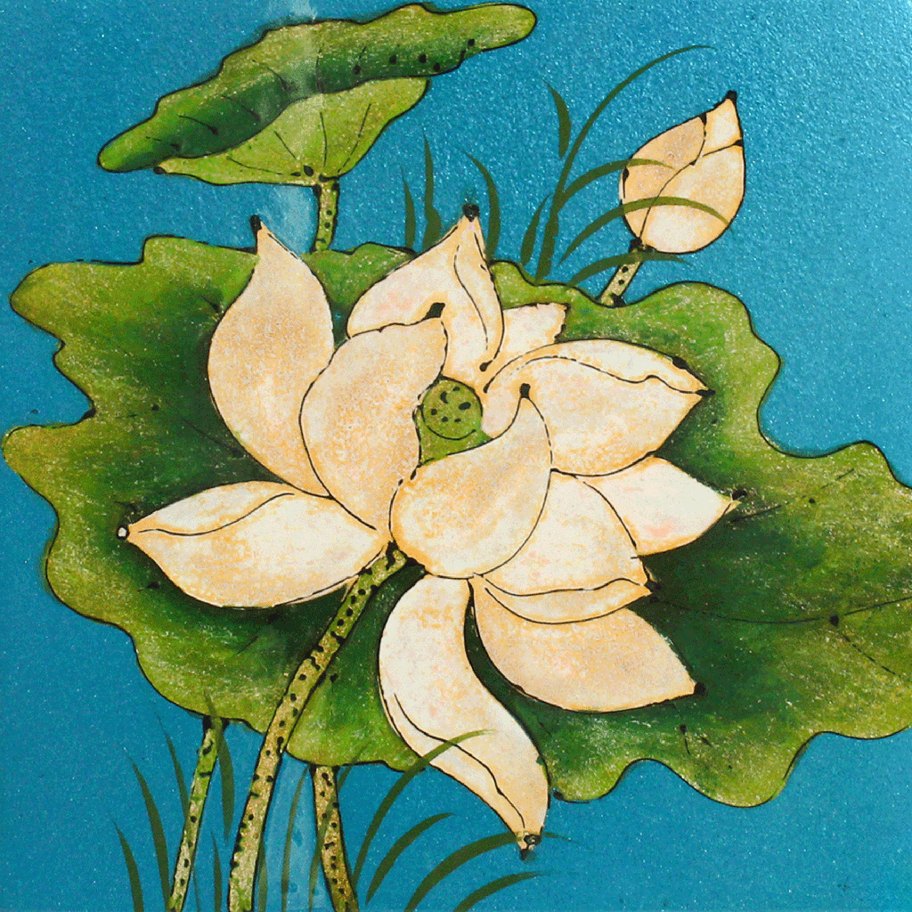 Blue Lotus Flower Lacquer Painting 