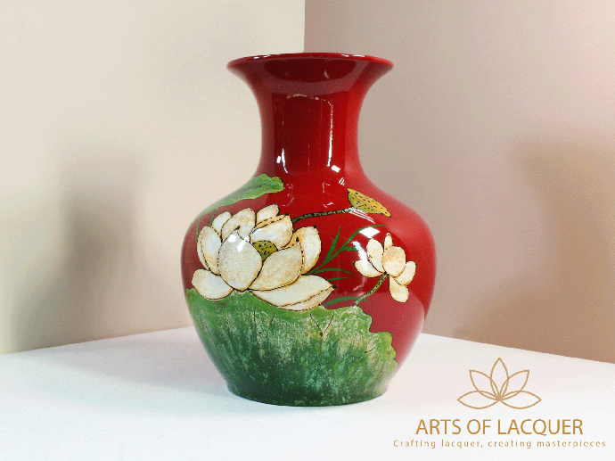 Crimson Lotus Low Neck Lacquer Vase 