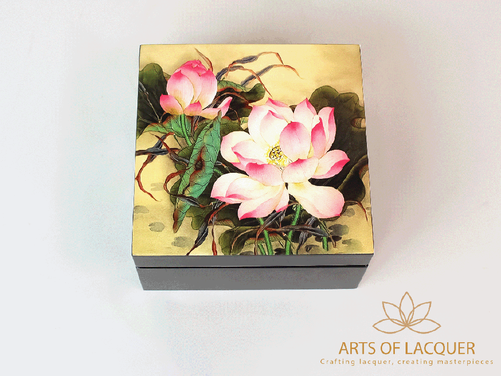 Lotus Harmony Lacquered Jewelry Box Antique