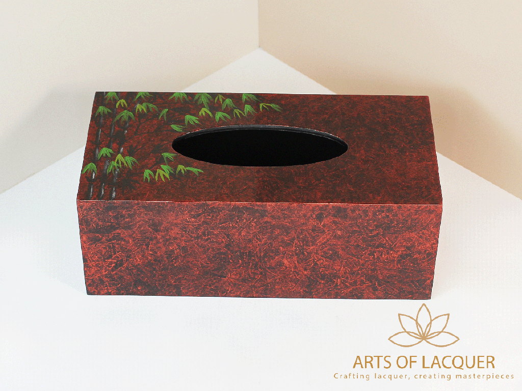 Crimson Bamboo Leaf Elegance Lacquered Tissue Box