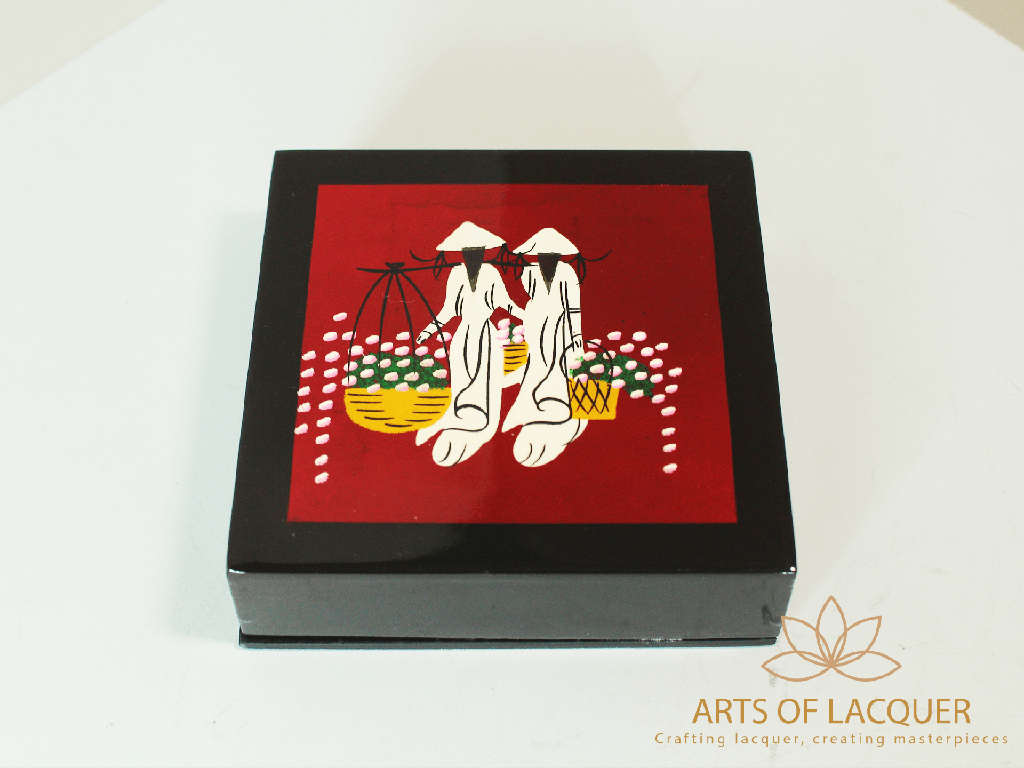 Red Floral Harvest Ao Dai Lacquer Coaster Set 