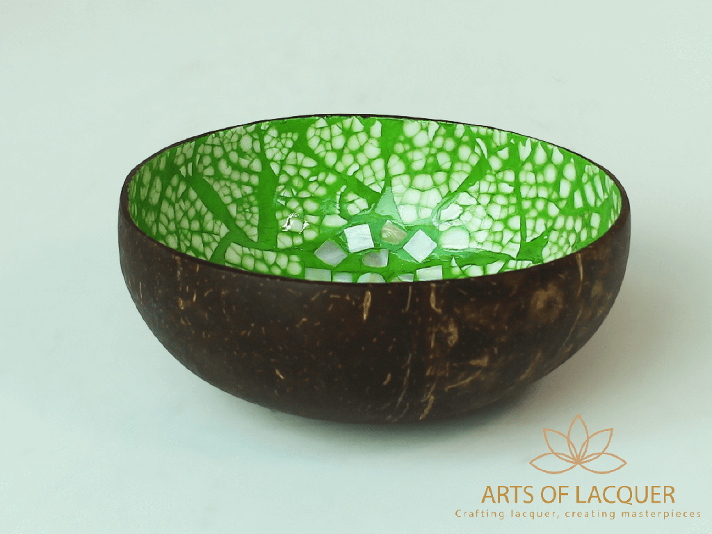 Eggshell Coconut Lacquer Bowl in Green Mosaic Inlay