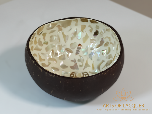 Lacquered Coconut Shell Bowl In Intricate Two Girls Inlay