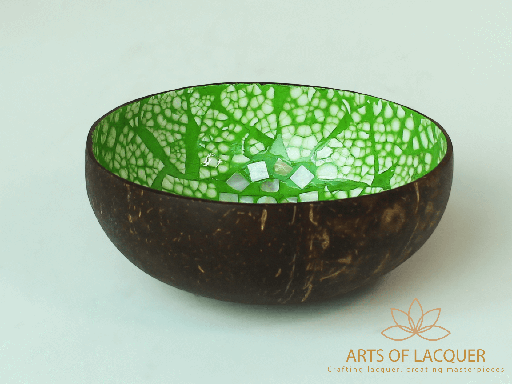 [AOL230078] Eggshell Coconut Lacquer Bowl in Green Mosaic Inlay